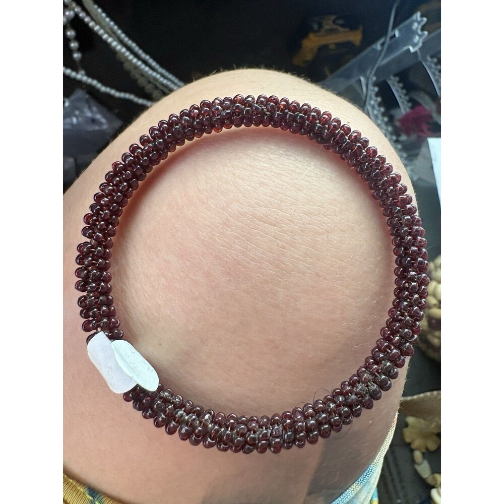 Vintage Art Deco Bohemian Garnet Seed Bead Bangle Bracelet Cranberry Boho